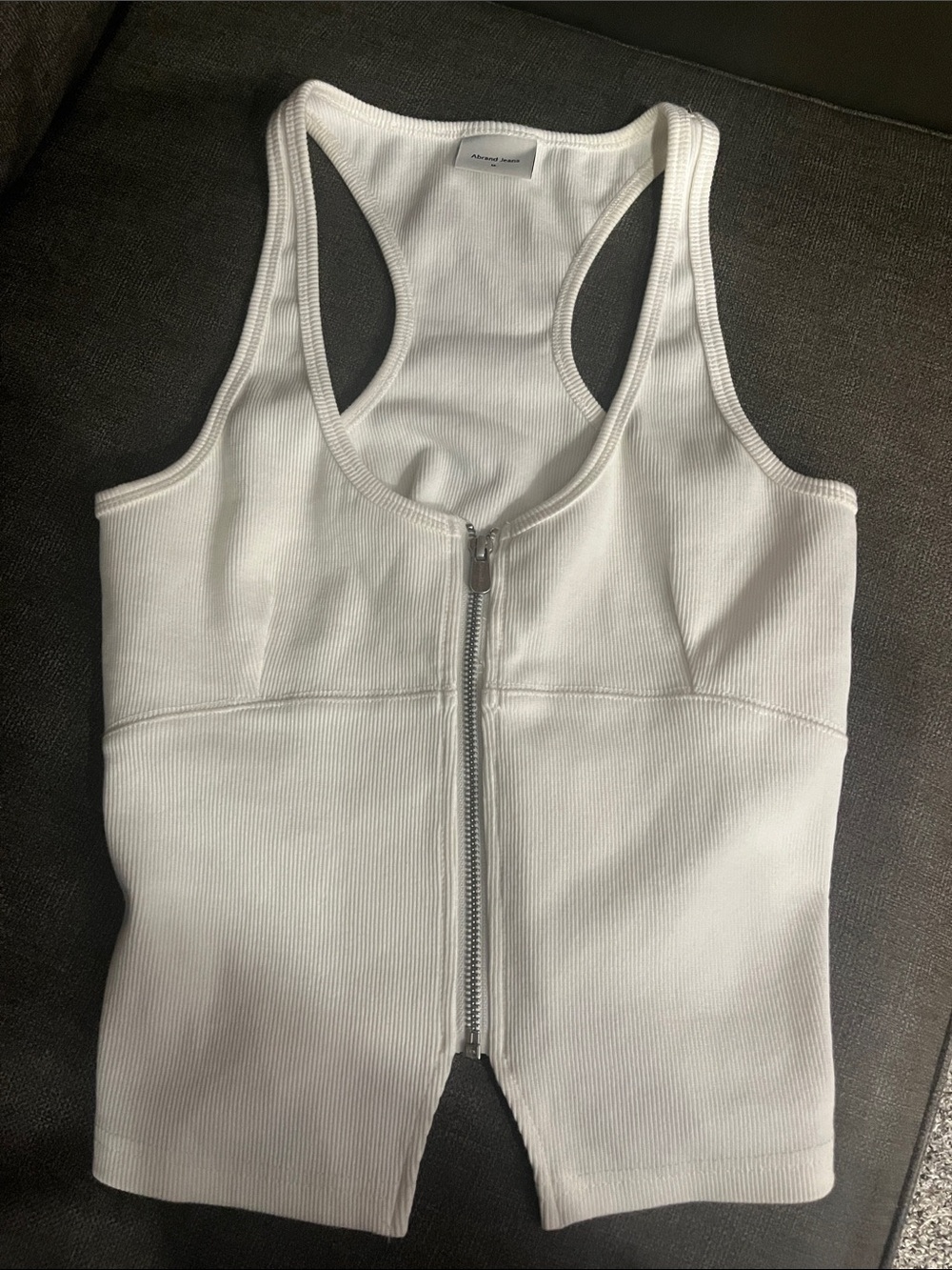 Abrand White Ribbed Racerback Zip-Front Tank Top